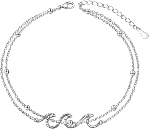 Vista 8 de Tobillera ondulada para mujer, de plata de ley S925, ajustable, con estrellas de mar en capas, océano, playa, mar, tobillera