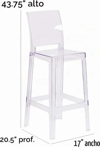 Vista 2 de BizChair Taburete de bar fantasma con respaldo cuadrado en cristal transparente