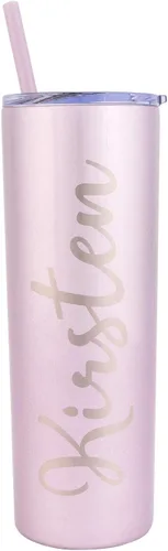 Vista 7 de Vaso delgado de acero inoxidable con popote y tapa, termo personalizado (20 onzas) – Champagne Mate negro