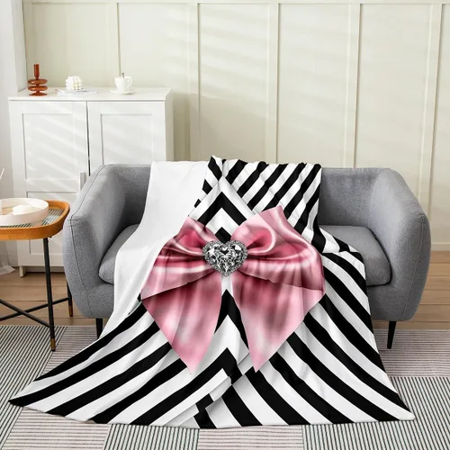 Vista 14 de Erosebridal Manta de franela con nudo de lazo para niñas, 40 x 50 pulgadas, diseño de rayas de diamante, para sofá cama y cama de vellón para niños