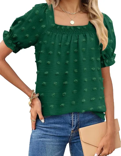 Vista 2 de OFEEFAN Tops y blusas para mujer, cuello cuadrado, manga abombada, gasa con lunares suizos