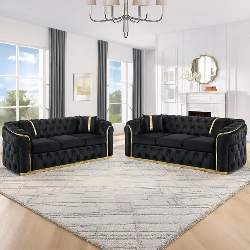 Vista 13 de KEIKI - Juego de sofá de lujo Chesterfield de 2 piezas con 2 sofás de terciopelo de 3 plazas extragrandes, juego de sofá acolchado moderno de 6