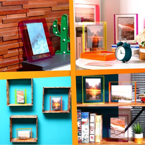 Vista 6 de Kathfly 4 portarretratos flotantes de 5 x 7 pulgadas para montar en la pared o en la mesa, marcos de fotos magnéticos decorativos neón translúcidos
