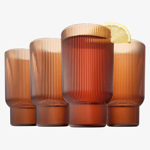 Vista 3 de Juego de 4 vasos altos de acrílico inastillables, estilo europeo, aptos para lavavajillas, acanalados, juego de 4, tritán estriado, plástico Naranja