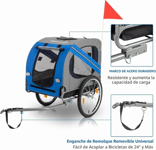 Vista 8 de PEXMOR Remolque de bicicleta para perros, carrito plegable para mascotas, carrito de remolque para bicicleta, carrito de carga con enganche Azul