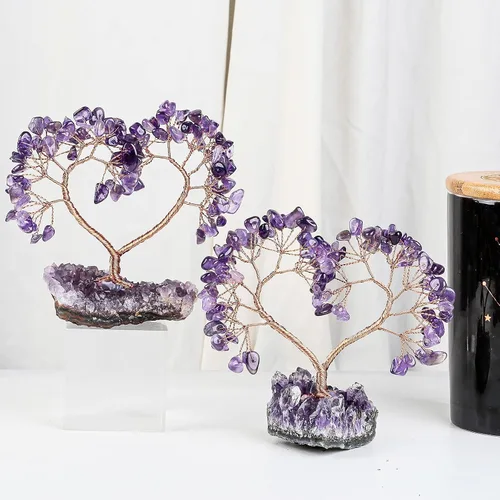 Vista 5 de SUNYIK Árbol de cristal curativo hecho a mano con base de amatista natural, árbol de dinero Fengshui de corazón de amor para decoración de oficina