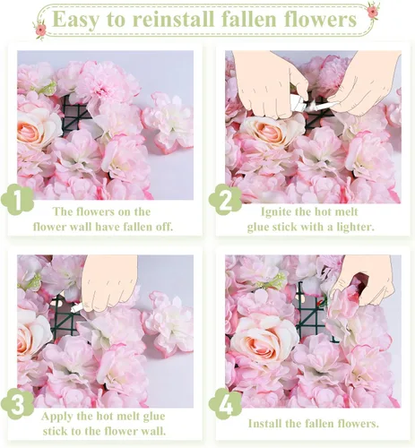 Vista 8 de FUHSY Telón de fondo de pared de flores rosas, 12 piezas de fondos de pared florales artificiales de 15 x 15 pulgadas, telón de fondo de boda