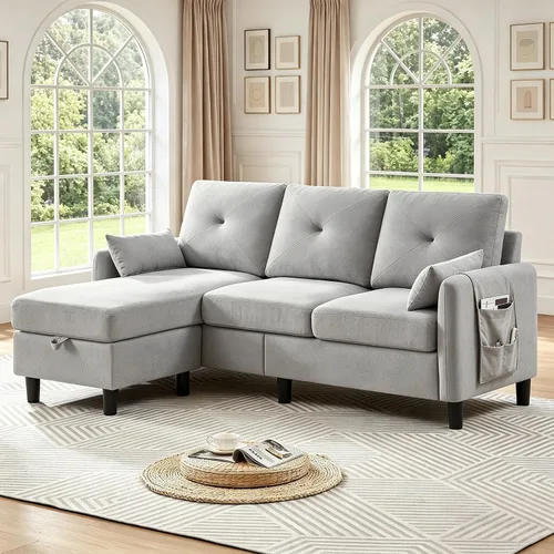 Vista 7 de Sofás Seccionales Convertibles de 77", Sofá en Forma de L de 3 Asientos con Chaise de Almacenamiento y Almohadas Removibles, Sofá Pequeño de Tela