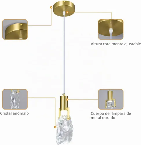 Vista 4 de Modernas luces colgantes doradas para isla de cocina, lámpara colgante de cristal irregular transparente, mini luces colgantes LED para cocina