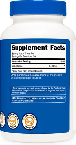 Vista 5 de Nutricost Cápsulas de Beta-Alanina 3400mg, 120 Cápsulas (30 Porciones) - Beta Alanina Potente, Sin Gluten y Sin OGM, 850mg Por Cápsula
