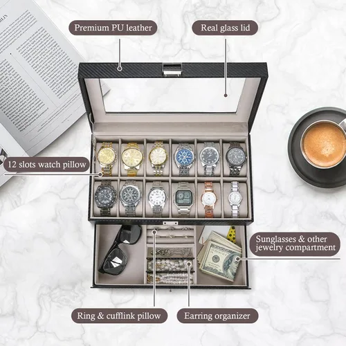 Vista 4 de Caja de reloj con 12 ranuras para hombres, organizador de joyas para hombre, estuche de exhibición con cajón, cajas de almacenamiento de relojes
