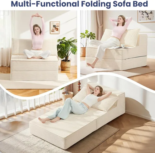 Vista 6 de Sofá cama convertible, sofá biplaza plegable con almohada, sofá cama plegable con soporte para la espalda, silla portátil, cómodo sofá de piso
