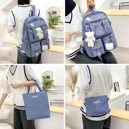 Vista 3 de Juego de 5 mochilas kawaii para niñas con bonitos accesorios de oso, suministros escolares, bolsas para bolígrafos, bolsa de hombro, azul (03-Blue)
