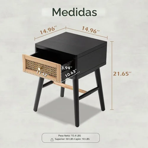 Vista 2 de COZAYH Mesita de noche de estilo granja moderna completamente ensamblada con líneas limpias, mesa auxiliar con 1 cajón, negro