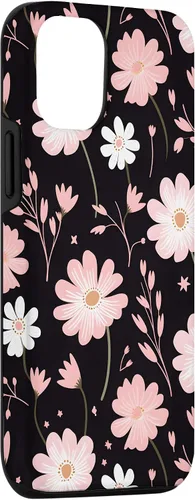 Vista 3 de iPhone 14 elegante flores rosas sobre un fondo negro patrón floral caso