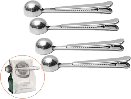Vista 6 de Paquete de 4 pinzas para café, cuchara medidora de café de mango largo de 6 3/4 pulgadas, cuchara medidora de café de 0.5 fl oz con clip para bolsa
