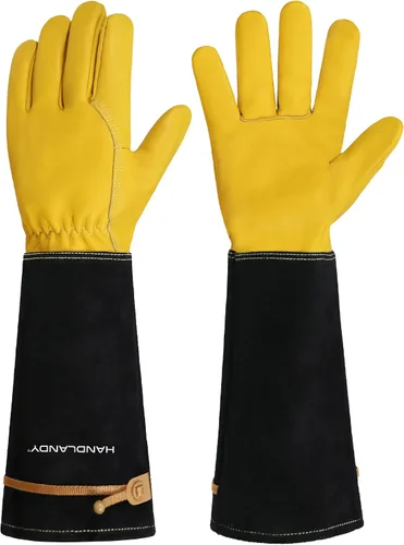 Vista 22 de HANDLANDY Guantes de poda largos para hombres y mujeres, de piel de cerdo, guantes de jardinería de rosas, guantes transpirables y duraderos