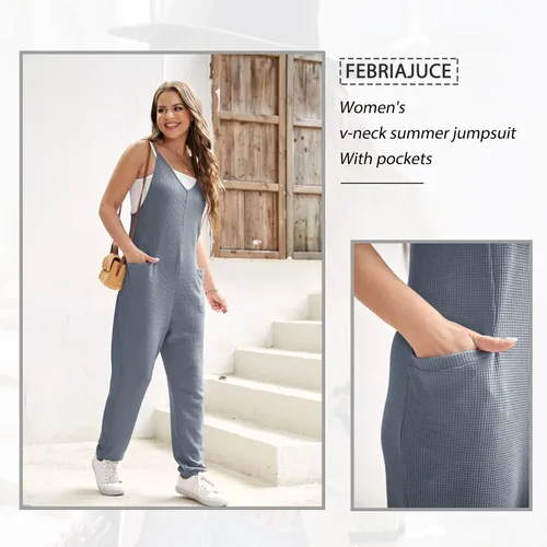 Vista 5 de Febriajuce Womens Summer Sleeveless Loose Jumpsuits Casual V Neck Spaghetti Strap Long Pants Baggy Overalls with Pockets
