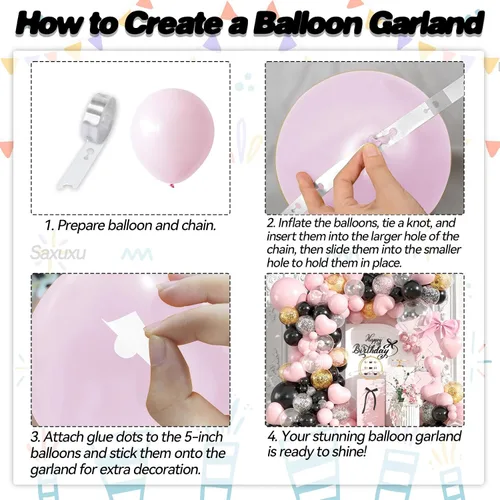 Vista 3 de Kit de arco de globos rosa y negro, kit de arco de guirnalda de globos negros y rosados, globos de látex de corazón macarrón, globo de confeti