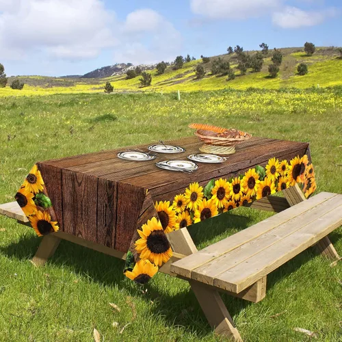 Vista 6 de Tegeme Mantel desechable de plástico de madera con girasol, 42.5 x 70.8 pulgadas, 1 unidad