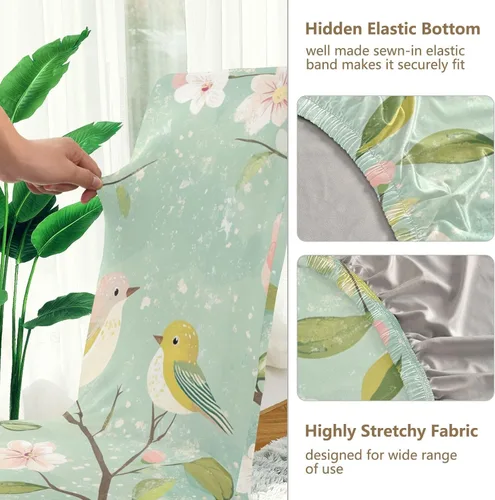 Vista 3 de Spring Pear Blossom Birds Green Decorative Chairs Covers for Ceremony Removable Dining Chairs Covers cubre sillas para comedor Set of 4