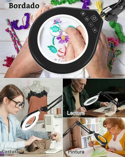 Vista 6 de Lupa con luz, lente 10X/5X, LED regulable, brazo oscilante, blanco Soporte de abrazadera, 5 colores y 10 de brillo, lámpara de aumento