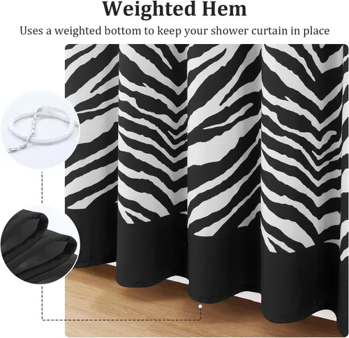 Vista 5 de Zebra - Cortina de ducha de tela de poliéster negra para baño, cortinas de baño modernas, decorativas, contemporáneas, impermeables, modernas, 72