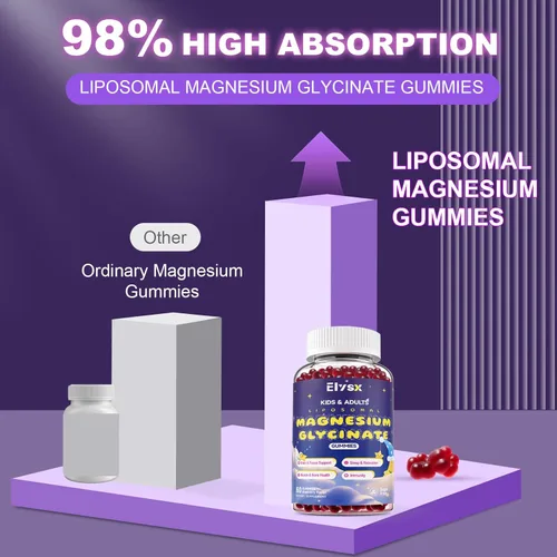 Vista 5 de Gomitas de bisglicinato de magnesio liposomal de 400 mg para niños y adultos, suplemento de bisglicinato de magnesio masticable con teanina, B6