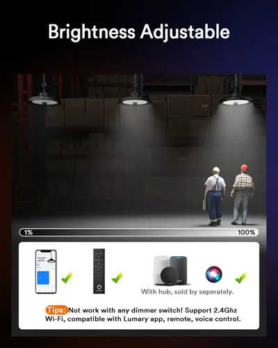 Vista 6 de Lumary Smart Bluetooth UFO LED High Bay Light Sensor de movimiento de 100 W, 16,000 lm 5000 K regulables luces de garaje para taller, compatible