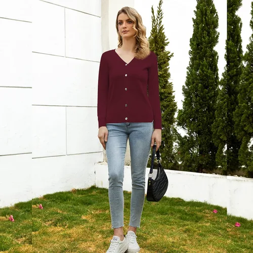 Vista 3 de Suéter ligero de punto suave con cuello en V y manga larga con botones para mujer