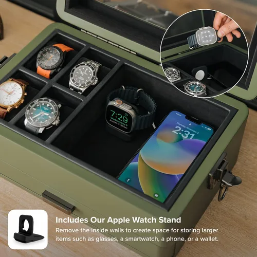 Vista 4 de CASE ELEGANCE Caja organizadora militar de 10 ranuras para reloj, para hombres, parte superior de cristal real, bandeja modular de valet, compatible