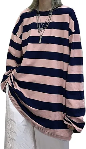 Vista 10 de Camiseta Harajuku de gran tamaño a rayas de manga larga con cuello redondo para mujer NegroGris