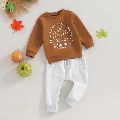 Vista 3 de Trajes de Halloween para bebés y niños, camisas de manga larga, sudadera de calabaza y pantalones deportivos, conjunto de ropa para niños pequeños
