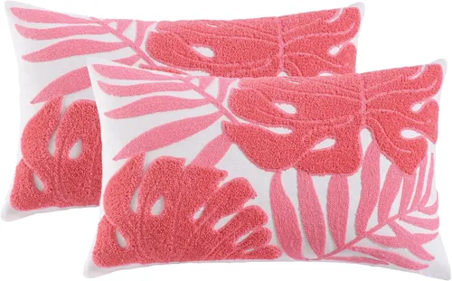 Vista 12 de Fundas de almohada bordadas de 18 x 18 pulgadas, paquete de 2 hojas Hoja tropical azul
