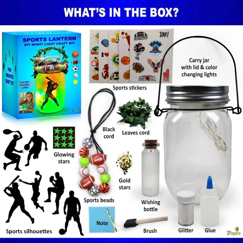 Vista 3 de Haz tu propio tarro de farol deportivo con luz nocturna para niños y niñas, fútbol, fútbol, baloncesto, tenis y béisbol para niños, kit de arte