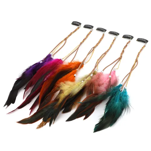 Vista 2 de MWOOT 6 extensiones de pelo de plumas con clip, extensión de plumas hecha a mano, accesorios para el cabello de disfraz de Halloween para mujer