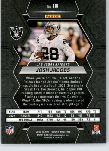 Vista 2 de 2023 PANINI MOSAIC #119 JOSH JACOBS LAS VEGAS RAIDERS FOOTBALL OFFICIAL TRADING CARD OF NFL
