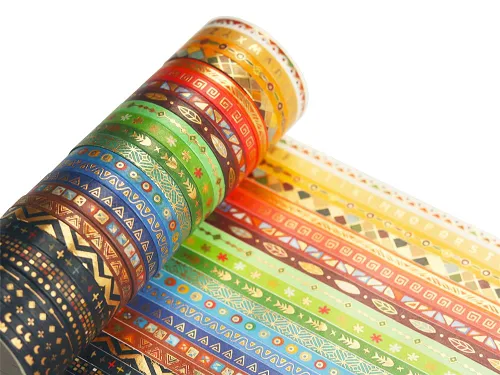 Vista 6 de YUBBAEX Juego de 26 rollos de cinta washi india, 0.197 in de ancho, tótem folclórico dorado fino decorativo para diario, álbum de recortes, agenda