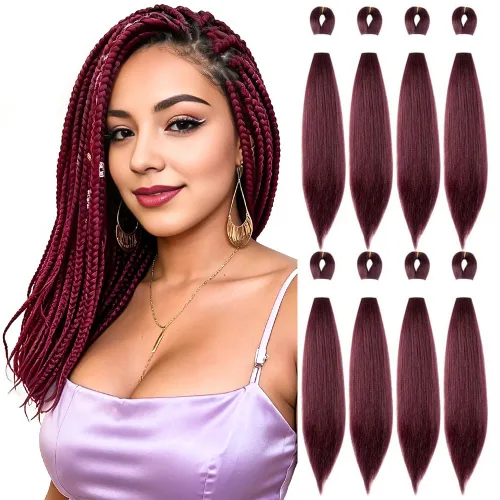 Vista 93 de Cabello trenzado burdeos, 10 pulgadas, 4 paquetes Cabello preestirado, trenzas de ganchillo cortas y rectas, textura Yaki, fibra sintética