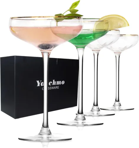 Vista 7 de Juego de 2 vasos de Martini de 7.7 onzas, borde dorado Hand Blown Crystal Champagne Coupe, Tall Stemmed Cocktail Glasses, Perfect for Bar