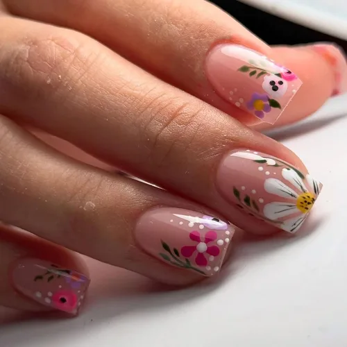 Vista 16 de Uñas postizas a presión con punta francesa verde, uñas postizas cuadradas cortas con diseños de cuentas de flores en 3D, uñas de verano, uñas Verde