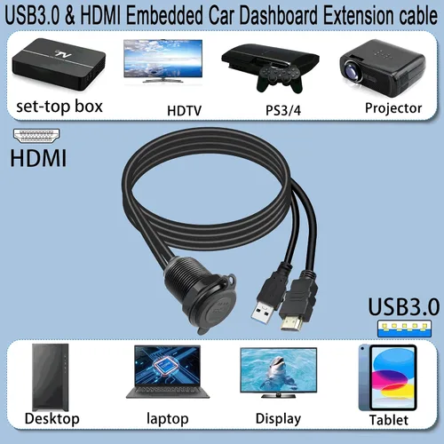 Vista 7 de QIANRENON USB3.0 y HDMI - Cable impermeable para automóvil, USB3.0+HDMI 1.4 roscado, cable de extensión de datos de montaje fijo, luz LED, carcasa