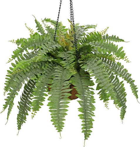 Vista 10 de Plantas colgantes falsas grandes de helecho boston, plantas artificiales para exteriores, helechos falsos realistas con cesta de palmera, plantas
