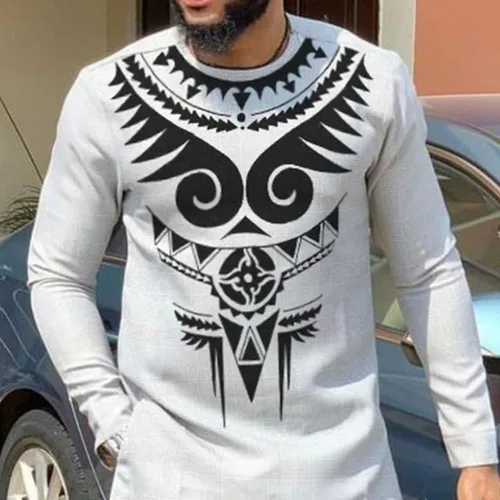 Vista 3 de XSION Conjunto africano de 2 piezas para hombre, traje de manga larga, camisa y pantalón, ropa étnica tradicional (color gris, talla XXL)