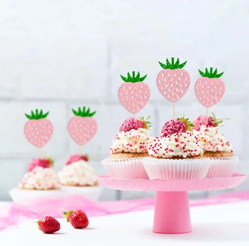 Vista 4 de Paquete de 24 adornos para cupcakes de fresa con purpurina para cumpleaños, fresa, cupcakes, frutas, baby shower, niños, cumpleaños, verano, bayas