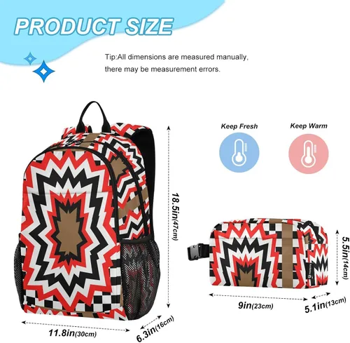 Vista 2 de Geométrico Agujero A Cuadros Negro Rojo Mochila Para La Escuela Y Bolsa De Almuerzo Bolsa Escolar Y Caja De Almuerzo Set Para Niños De 8-10 Años