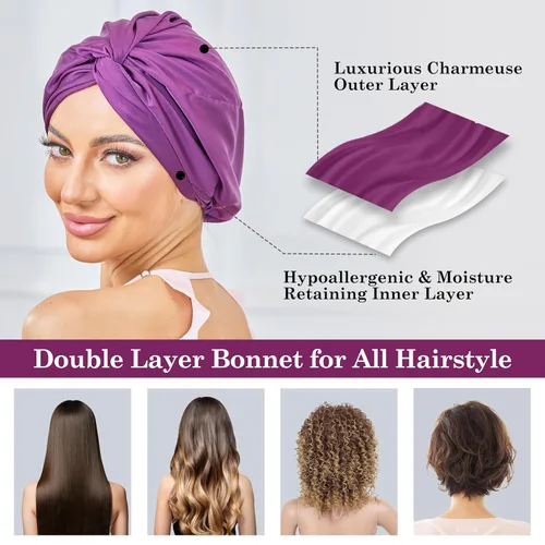 Vista 35 de Gorro de satén de seda ajustable para envolver el cabello para dormir, gorro de dormir de doble capa, turbante nocturno para cabello largo y rizado