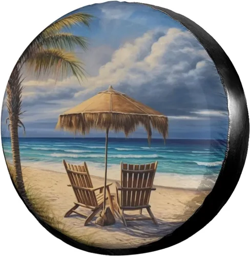 Vista 7 de Hermosa cubierta de rueda de repuesto con diseño de palmeras de playa y orificio para cámara de respaldo. Cubierta de rueda para remolque, vehículo