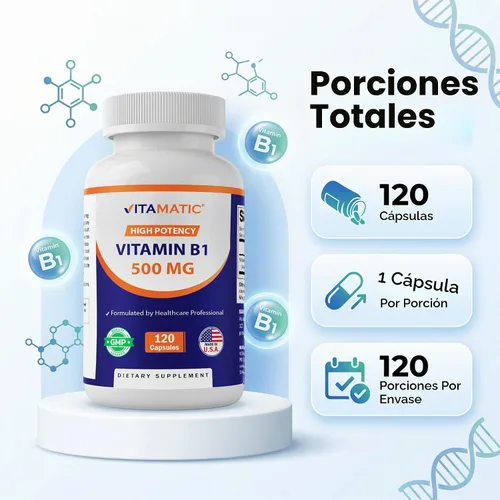 Vista 4 de Vitamina B1 500 mg (mononitrato de tiamina), 120 cápsulas (paquete de 2) High Potency B1, Supports Nervous System Health and Energy Metabolism*