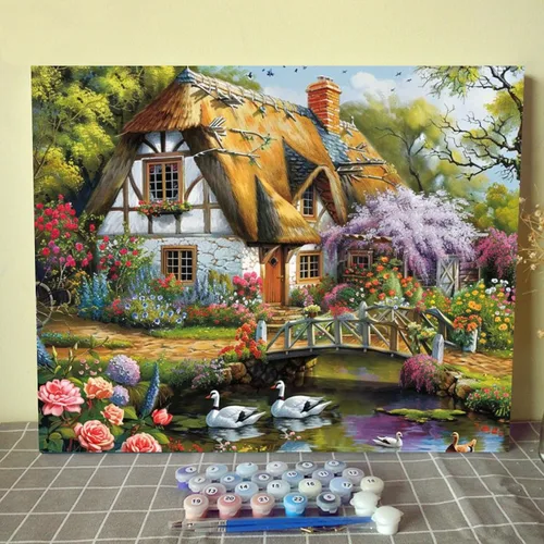 Vista 12 de Tucocoo Bumbers - Pintura de paisaje de puerta para adultos, paisaje de lago, pintura por números, pintura acrílica, lienzo junto al lago, plantas